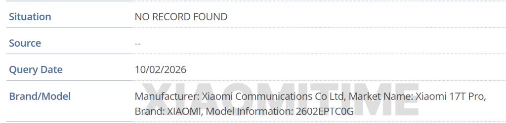 Xiaomi 17T Pro IMEI REG